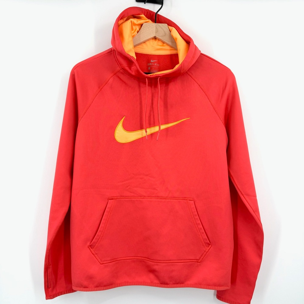 Nike Hoodie Women Medium Red Orange Dri-FIT Pullover Swoosh Good Condition